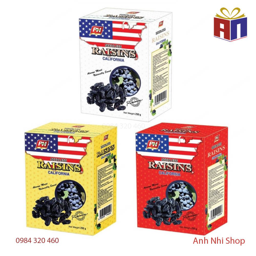 Nho khô PH 250g hộp giấy - Mỹ 6 Nho khô PH Raisins 250g hình cờ Mỹ